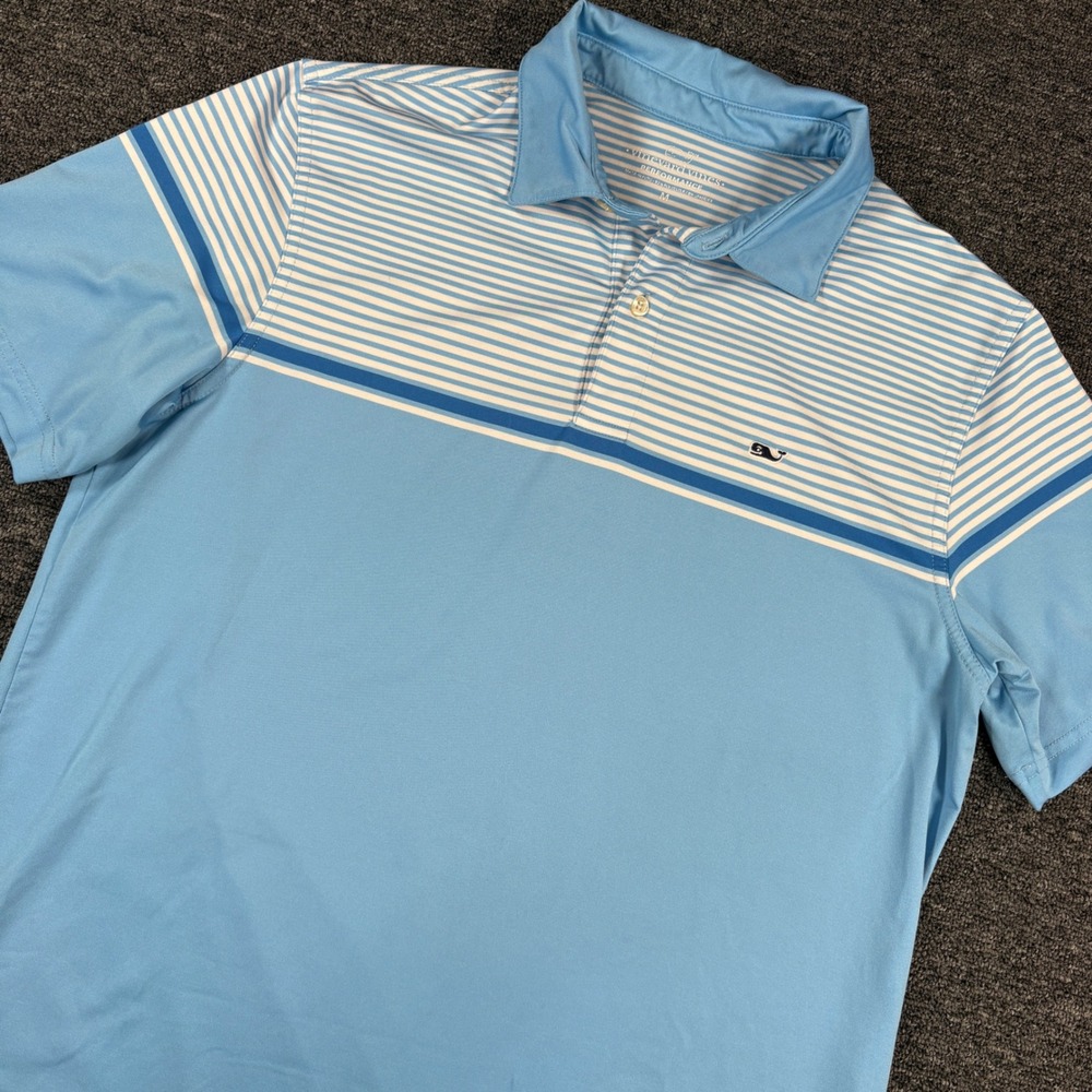 Vineyard Vines Polo Shirt Mens M Blue Striped Performance Short Sleeve